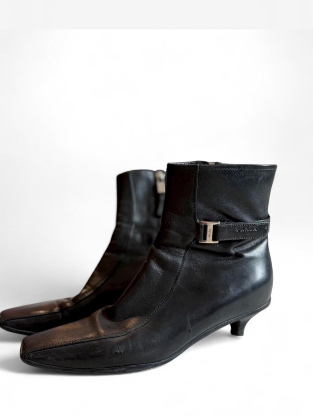 Prada Black Leather Ankle Boots with Buckle Strap - Picture 2 of 7